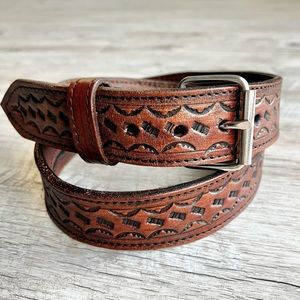 Leather Hand Tooled Vintage Brown Belt Hidden Zipper Pocket